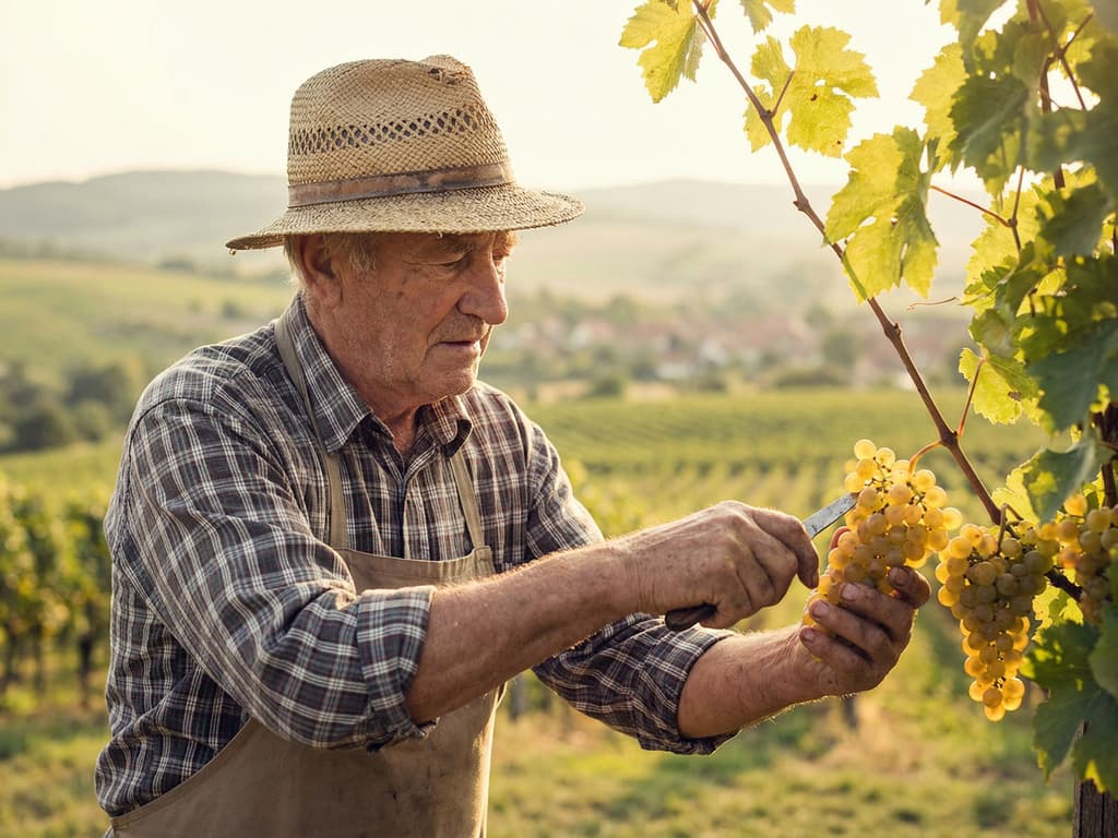 Vinař při práci ve vinici